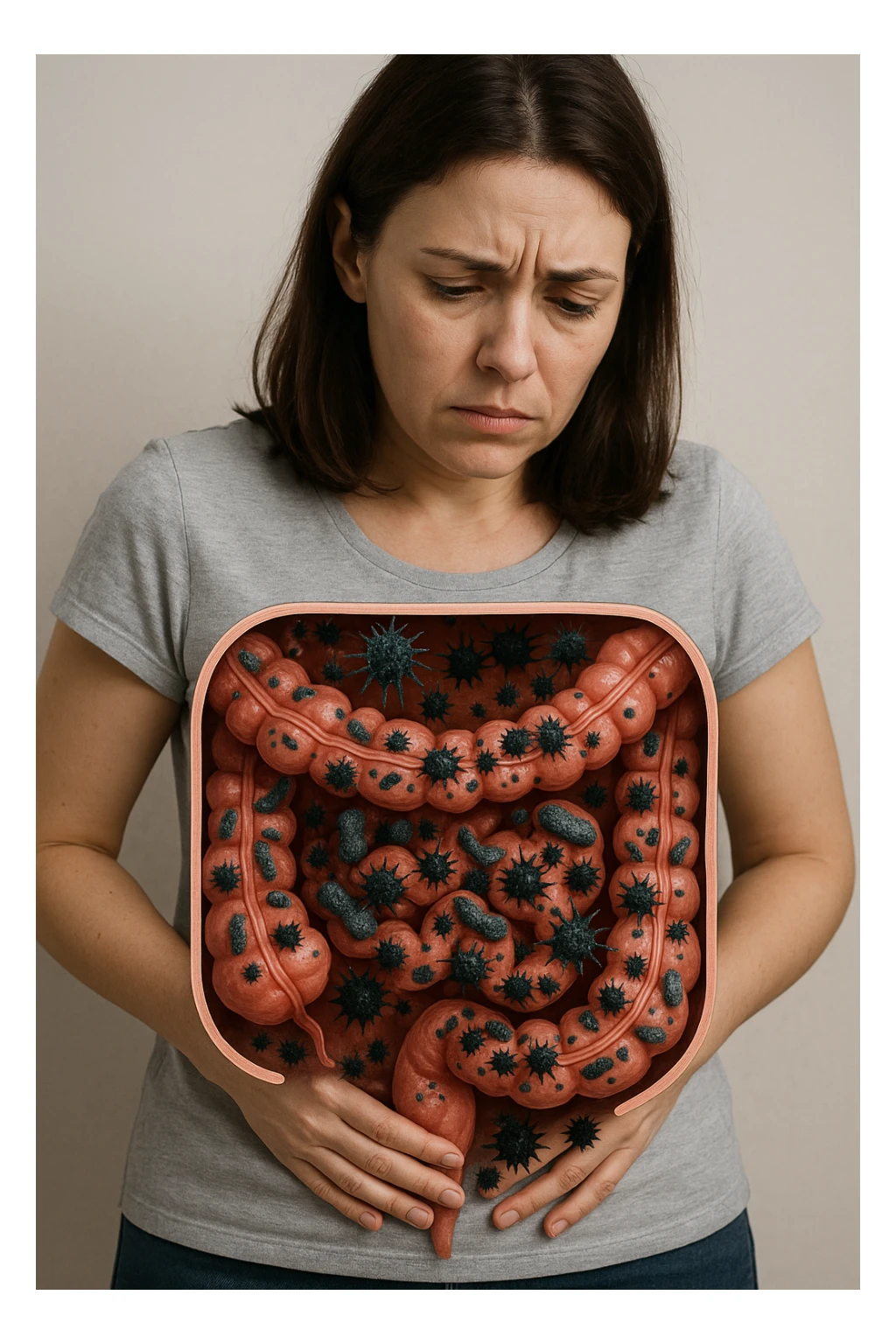 donna con batteri cattivi pieni nel suo intestino immagini realistiche sticker