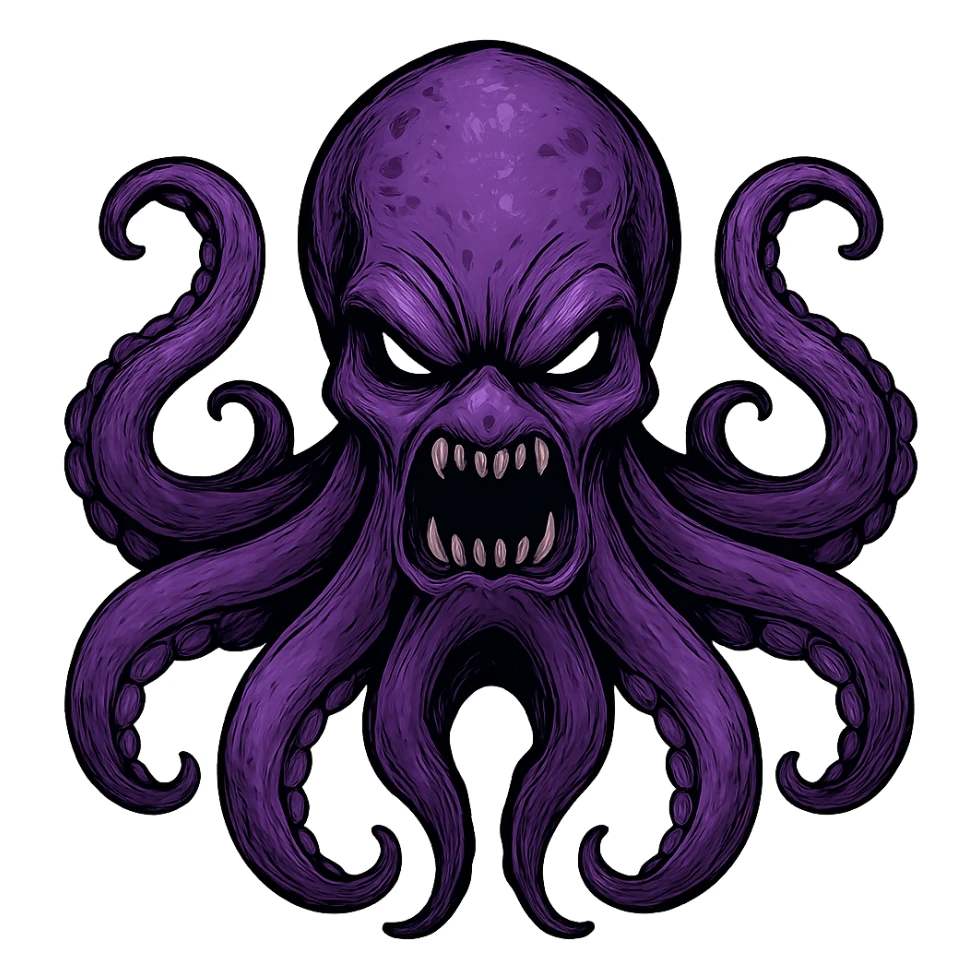 Remove the nose, make the octopus look scary, keep the purple color, with no background. Maintain the original style and details of the octopus while making it look scary and purple. sticker