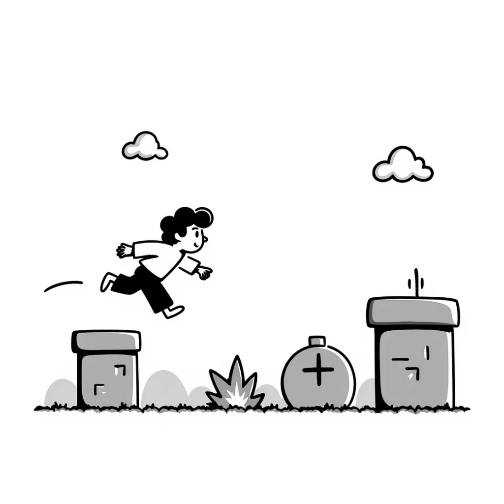 pixel art of a retro side-scrolling video game scene with blocks, platforms, clouds, and a character jumping, 8-bit Game Boy style, Mario world sticker