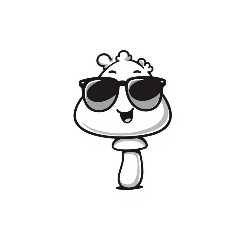 mushroom with sunglasses and a smile, hand drawn doodle style sticker
