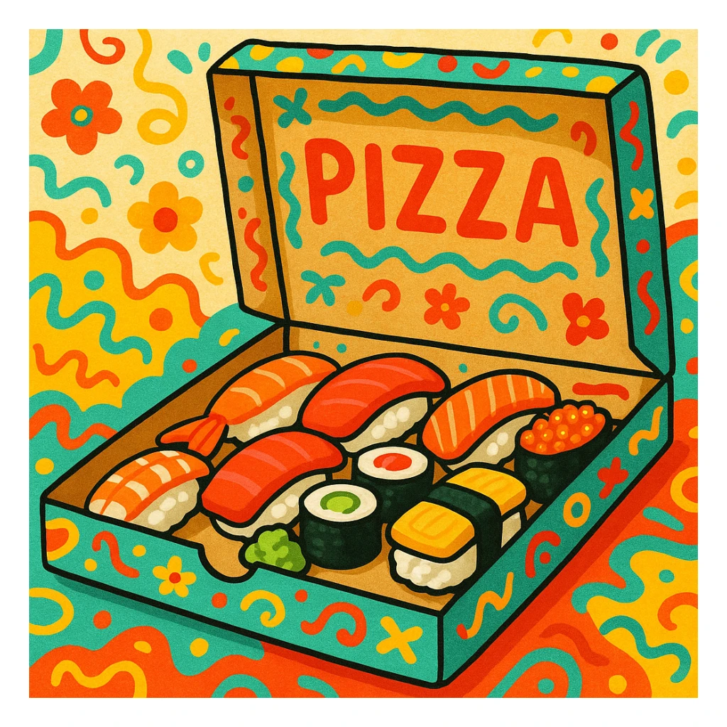 whimsical and colorful pizza box with sushi inside sticker