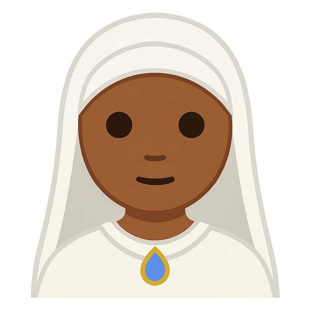 Edit the image of Virgin Mary to have medium brown tanned skin with simplified emoji traits, a round face, minimal details, large eyes, and a small mouth. Remove the background. The style should resemble a simplified emoji look with minimal details and a clean appearance. sticker