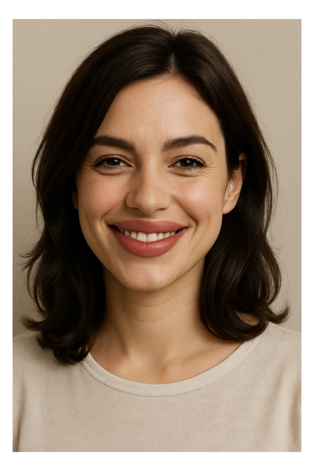 portrait of a brunette woman with puffy lips, smiling, minimal background sticker