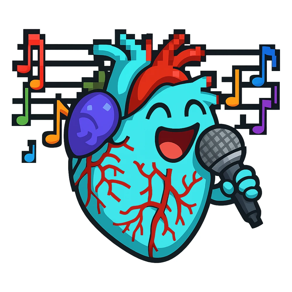 Add a microphone to the cute anatomical heart singing joyfully in pixel art style, keep the pixel art look and no background. sticker