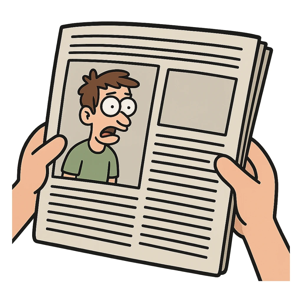 hands holding a newspaper sticker