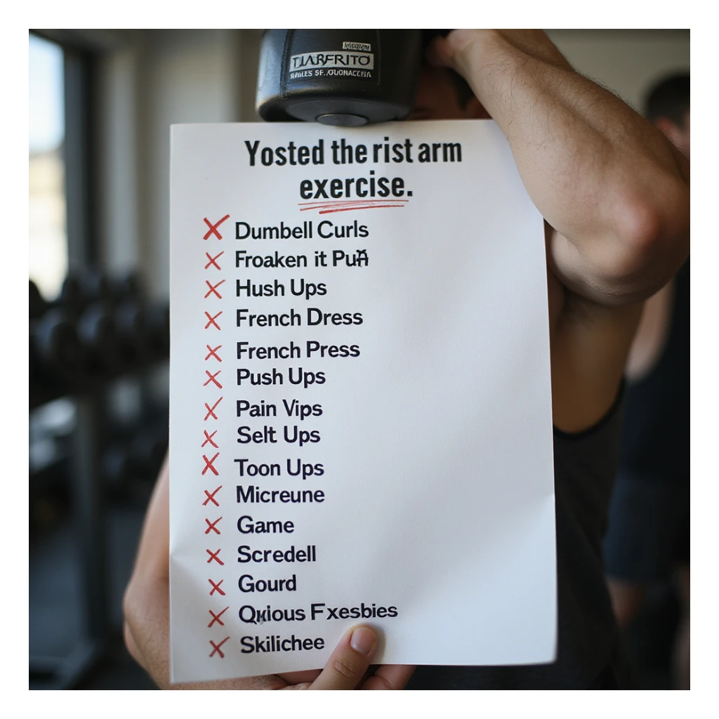 hyperrealistic arm exercise list on paper with exercises like dumbbell curls, french press, push-ups, some exercises marked with red X as incorrect, 4K resolution, sharp details, realistic gym atmosphere sticker
