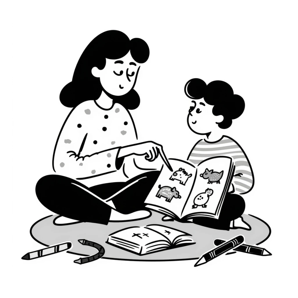 educator or speech therapist with child, who helps child with lessons sticker