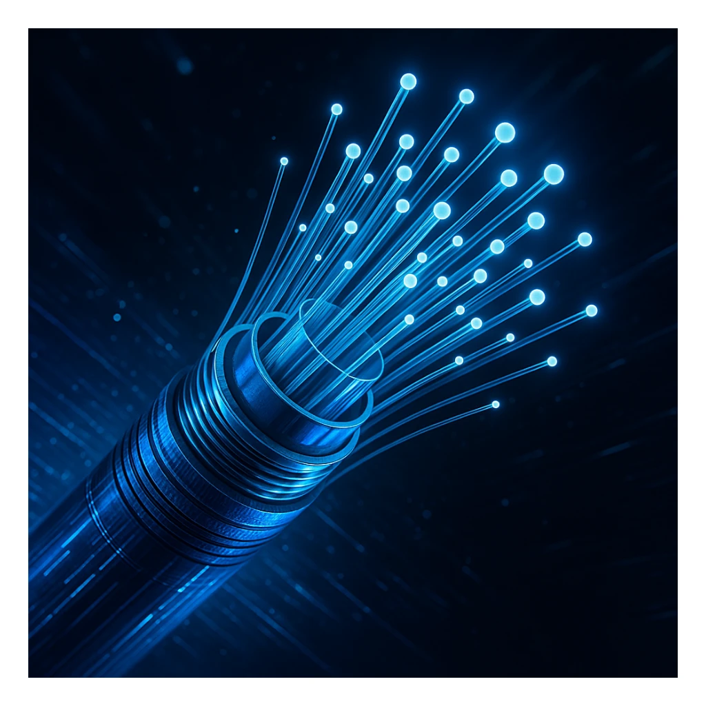 fiberoptic cable, glowing, high-tech, close-up, futuristic and detailed digital art style sticker