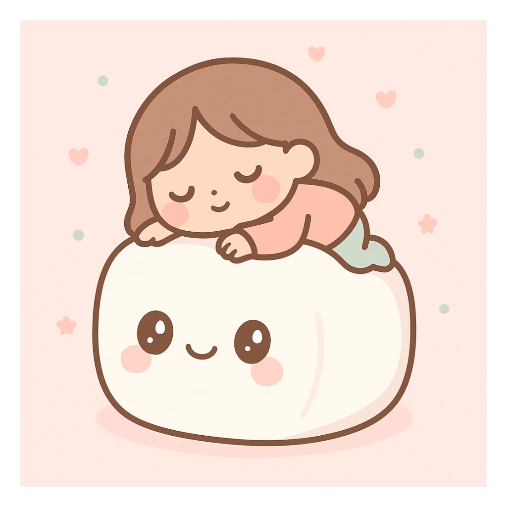 brunette girls napping on a fluffy marshmallow, cozy, gentle lighting, cute illustration, soft pastel colors sticker