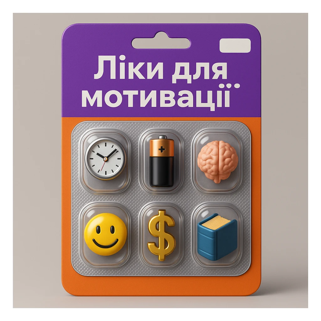 Create an ironic 3D illustration of blister pack tablets in the style of a pharmacy product, but with a satirical twist.
Instead of regular capsules, there should be miniature symbolic objects inside that represent a ‘cure’ for a specific modern problem, condition, or desire.
Title: "Ліки для мотивації". sticker