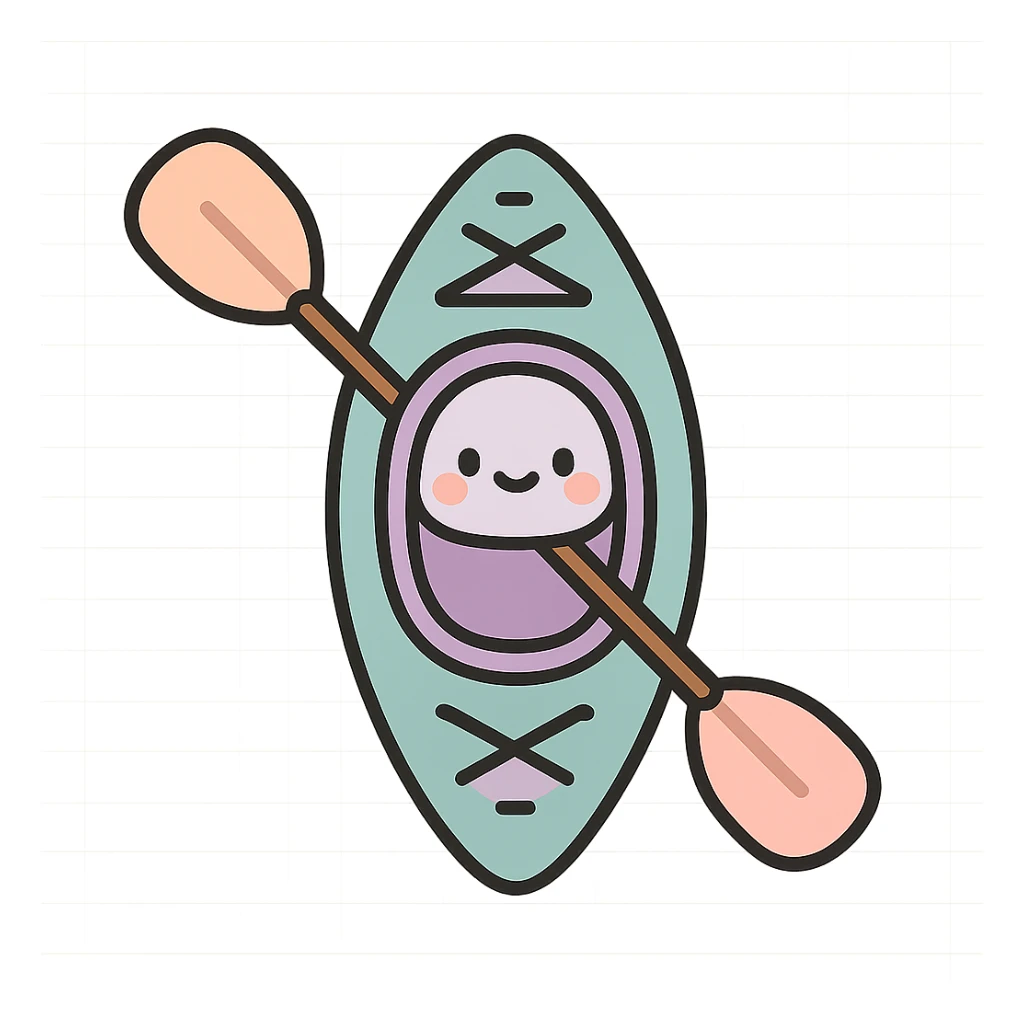 cute rowing kayak with paddle, top view, detailed shading, thin clean outlines, soft rounded features, pastel palette #98B5BC #B5B3C1 #C9A3C9 #E4C0CA #F7DCD1 #F7C0AA, Japanese pop art, sticker look, highly detailed, vector clarity, soft lighting, subtle shadows, transparent background sticker