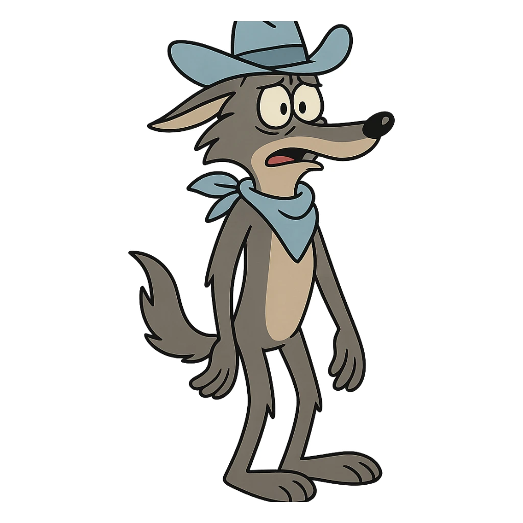 grey coyote with a light blue cowboy hat and neckerchief, standing, flat toon style sticker
