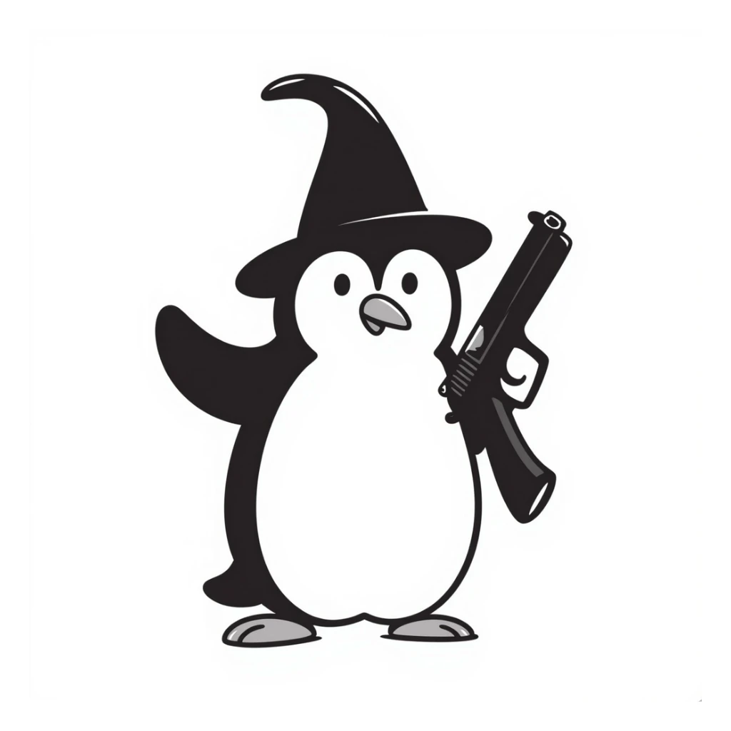 A penguin wizard holding a glock, black doodle style sticker