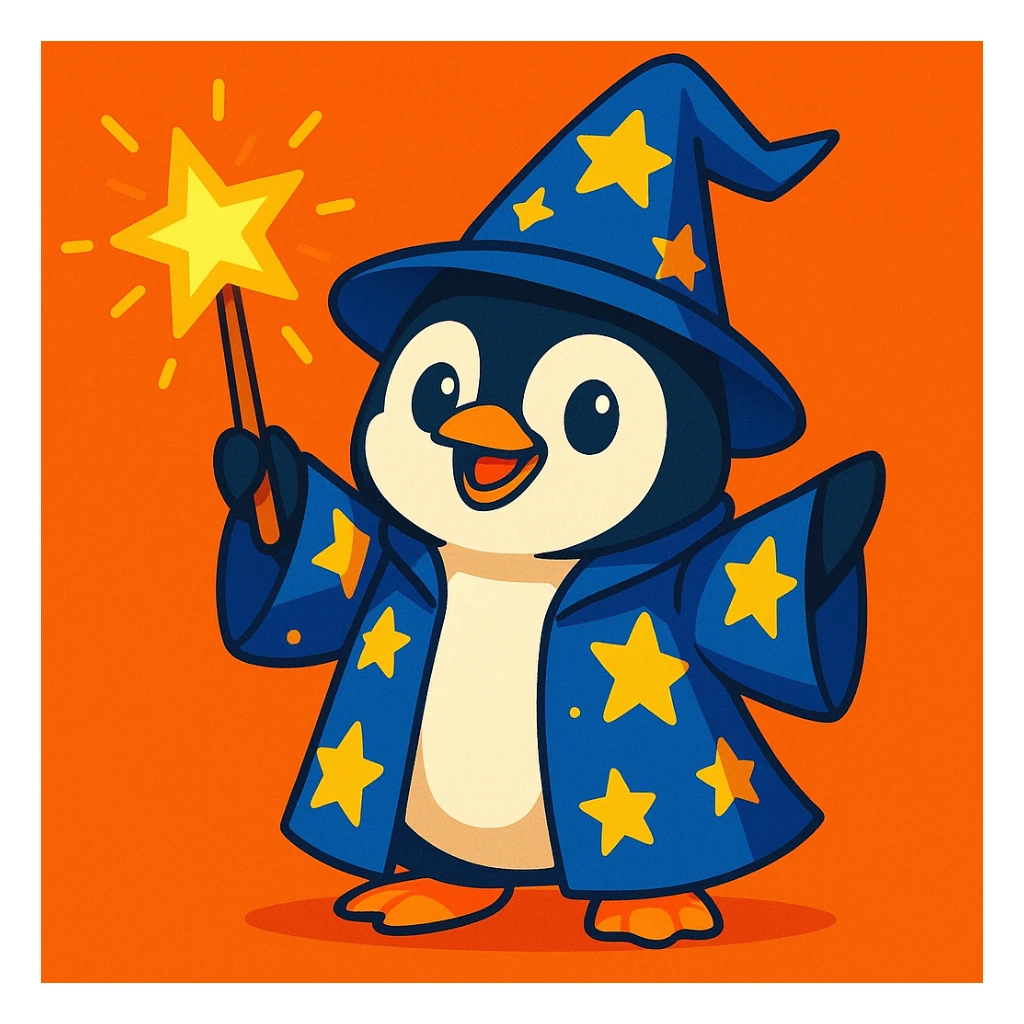 cute penguin wizard holding a glowing wand, wearing a starry robe and hat, vibrant toon style sticker