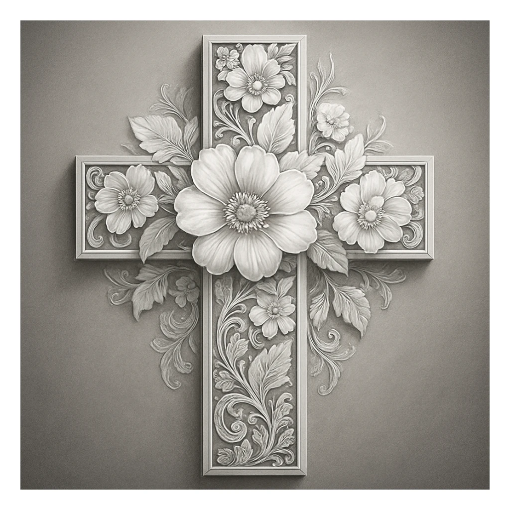 a detailed bright grey flower cross, intricate floral patterns, high contrast, elegant and luminous sticker