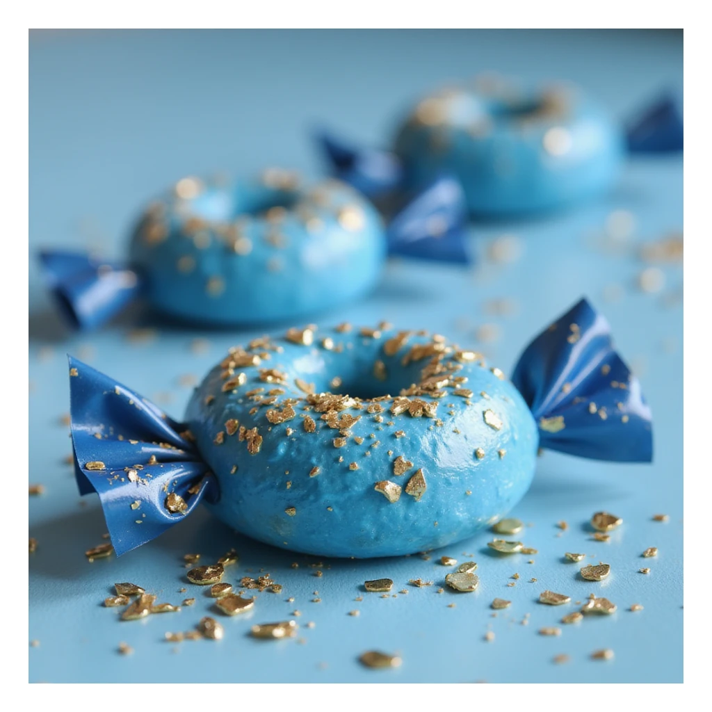 realistic blue candy with gold flakes, photorealistic style sticker