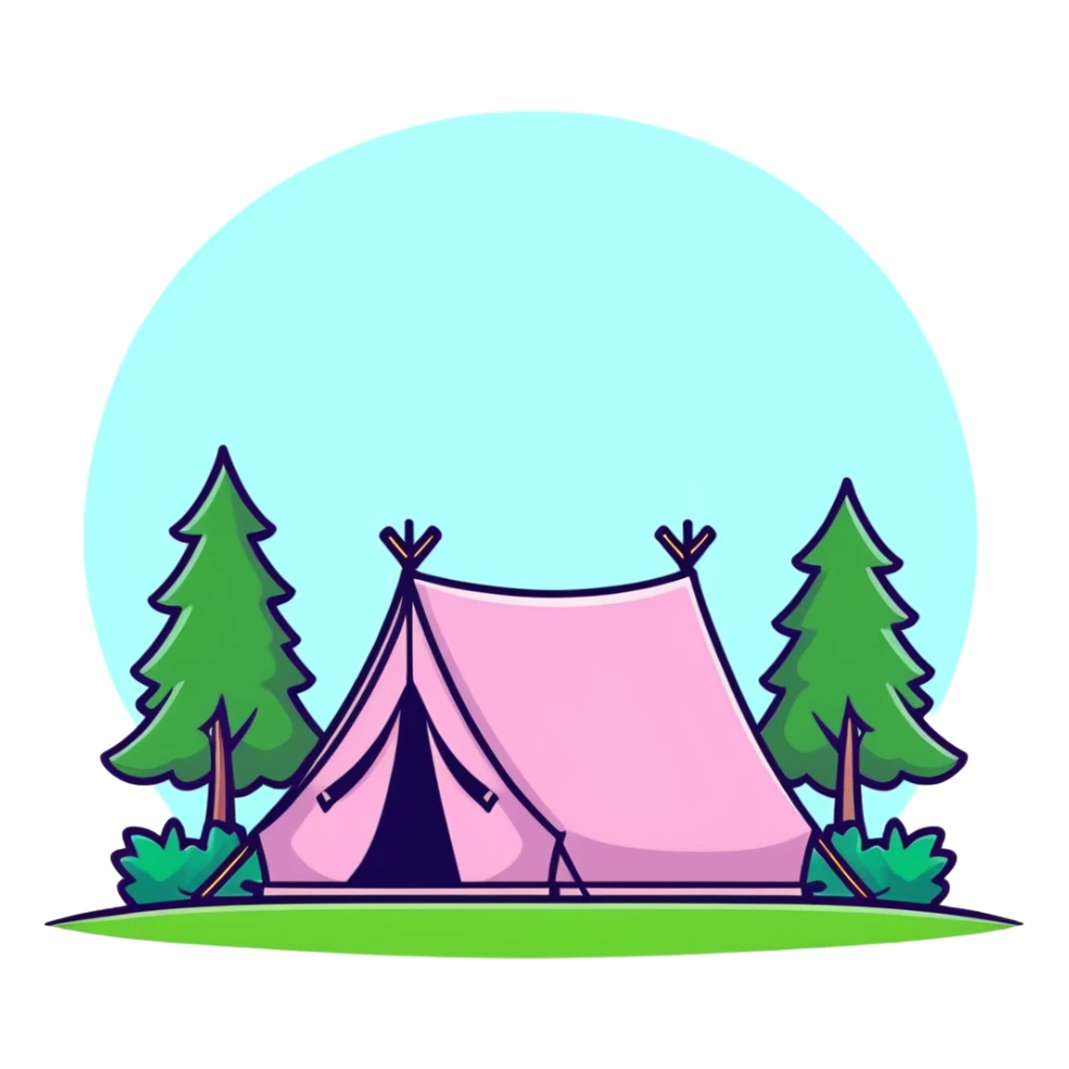 cute pink tent set up in a grassy meadow with trees sticker