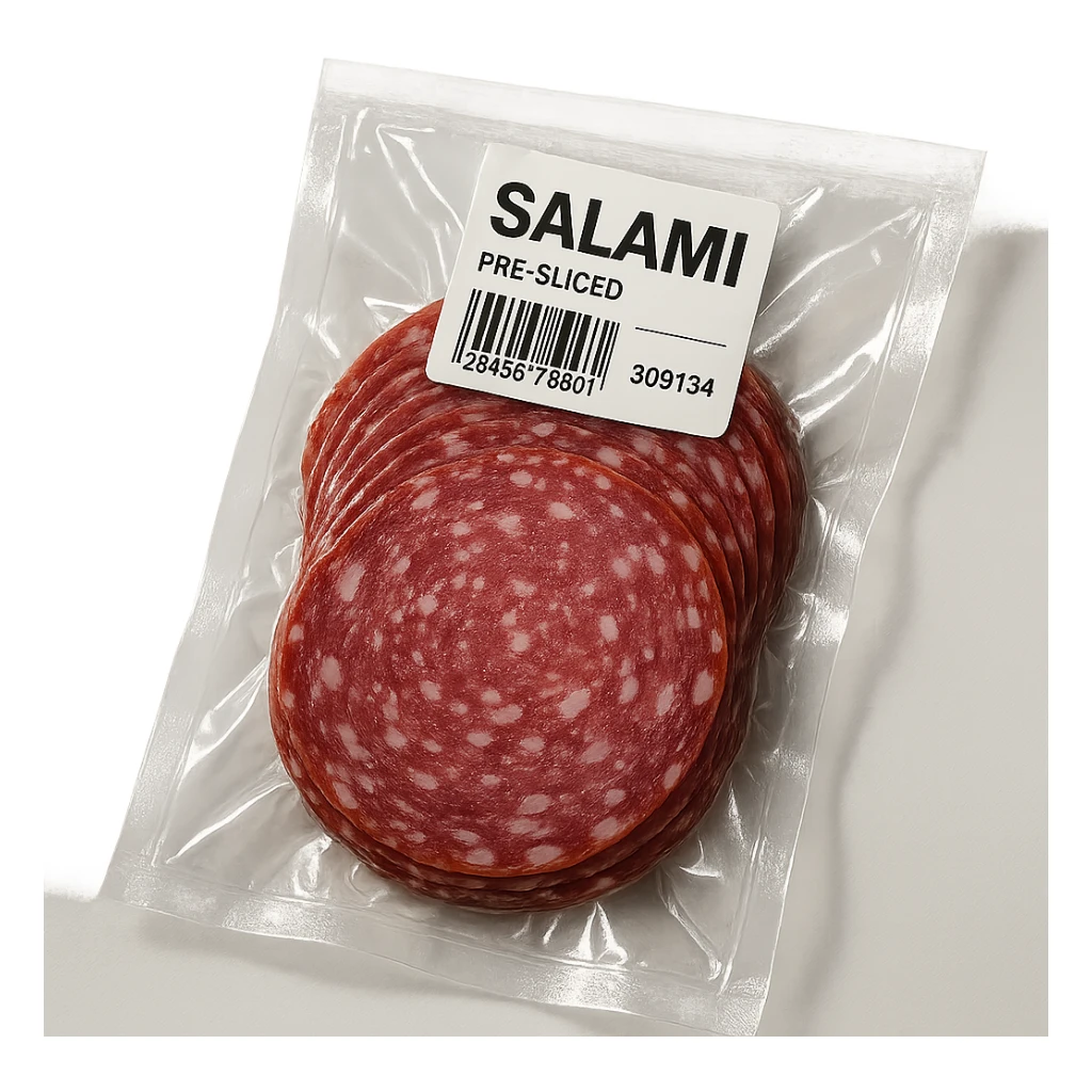 pre-sliced salami in clear vacuum-sealed plastic packaging with visible label, angled view, clean background sticker