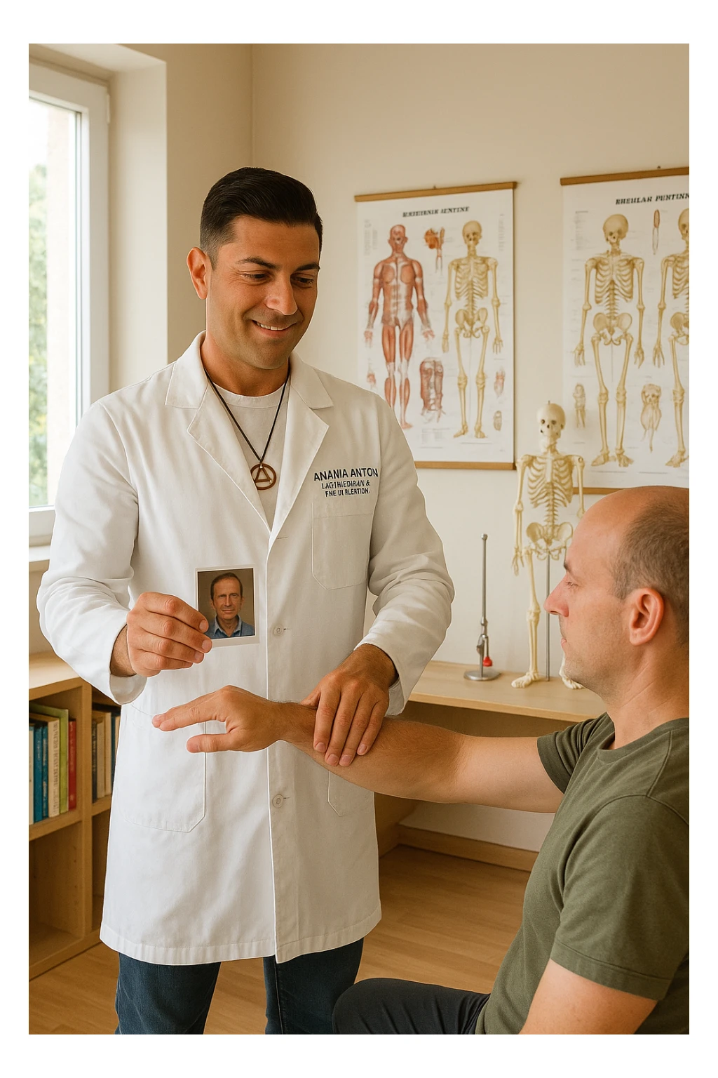 a middle-aged man, dressed in casual professional attire, is in a bright, organized therapy studio. Durante una visita di kinesiologia, il ragazzo tiene con una mano la foto di una persona lontana (il “testimone”) tiene la foto in mano, mentre con l’altra mano esegue un test muscolare su un cliente presente senza foto. Sullo sfondo si vedono libri di kinesiologia, poster anatomici e strumenti tipici della disciplina. L’atmosfera è concentrata e serena, con luce naturale che entra dalla finestra, sottolineando l’aspetto alternativo e umano della pratica. sticker