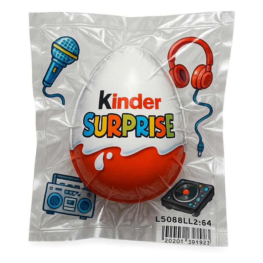 Kinder Surprise egg with standard packaging, toys including microphone, boombox, headphones, DJ setup, glossy and puffy vacuum-sealed style sticker