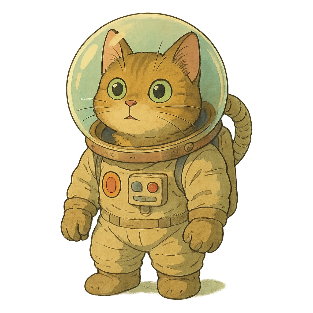 cat in astronaut suit, soft shading, whimsical, expressive eyes sticker