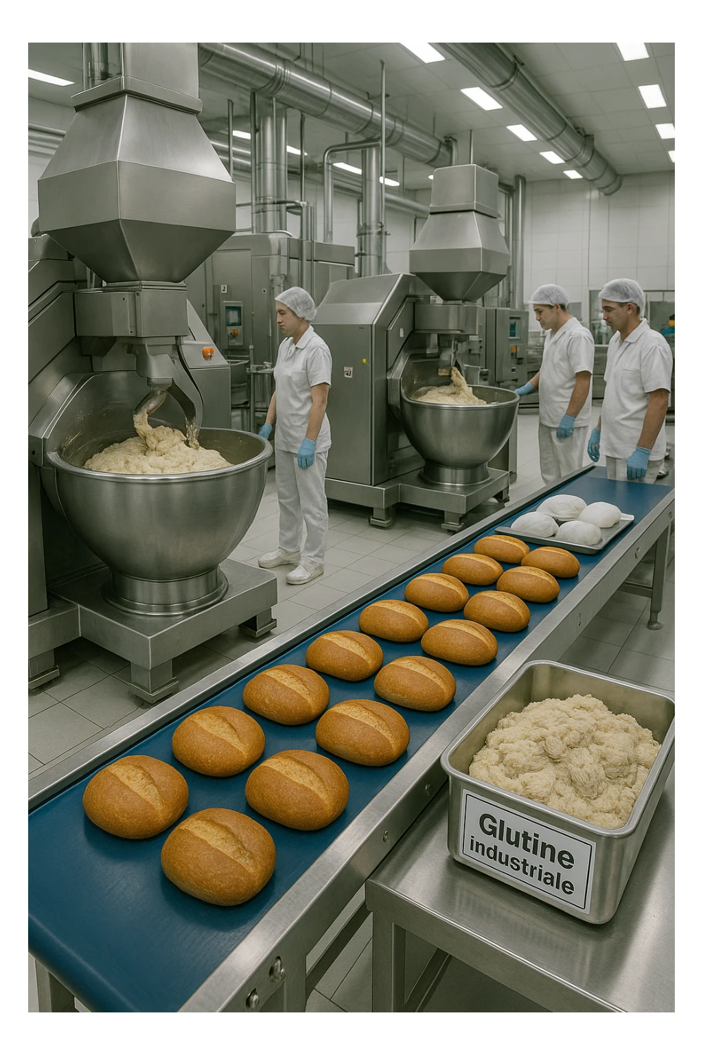 a modern food processing factory interior, with large stainless steel machines mixing and kneading dough. In the foreground, a conveyor belt carries loaves of bread and trays of raw gluten, labeled “Glutine industriale” Workers in uniforms and hairnets monitor the process. The atmosphere is clean, efficient, and slightly clinical. sticker
