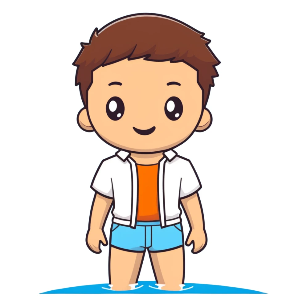 boy with brown hair, white shirt, blue swim shorts sticker