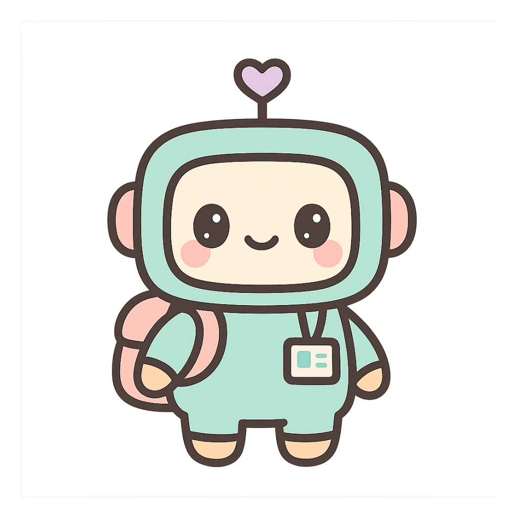 cute robot with a backpack and ID badge, ready for work, Gen AI intern, kawaii style sticker