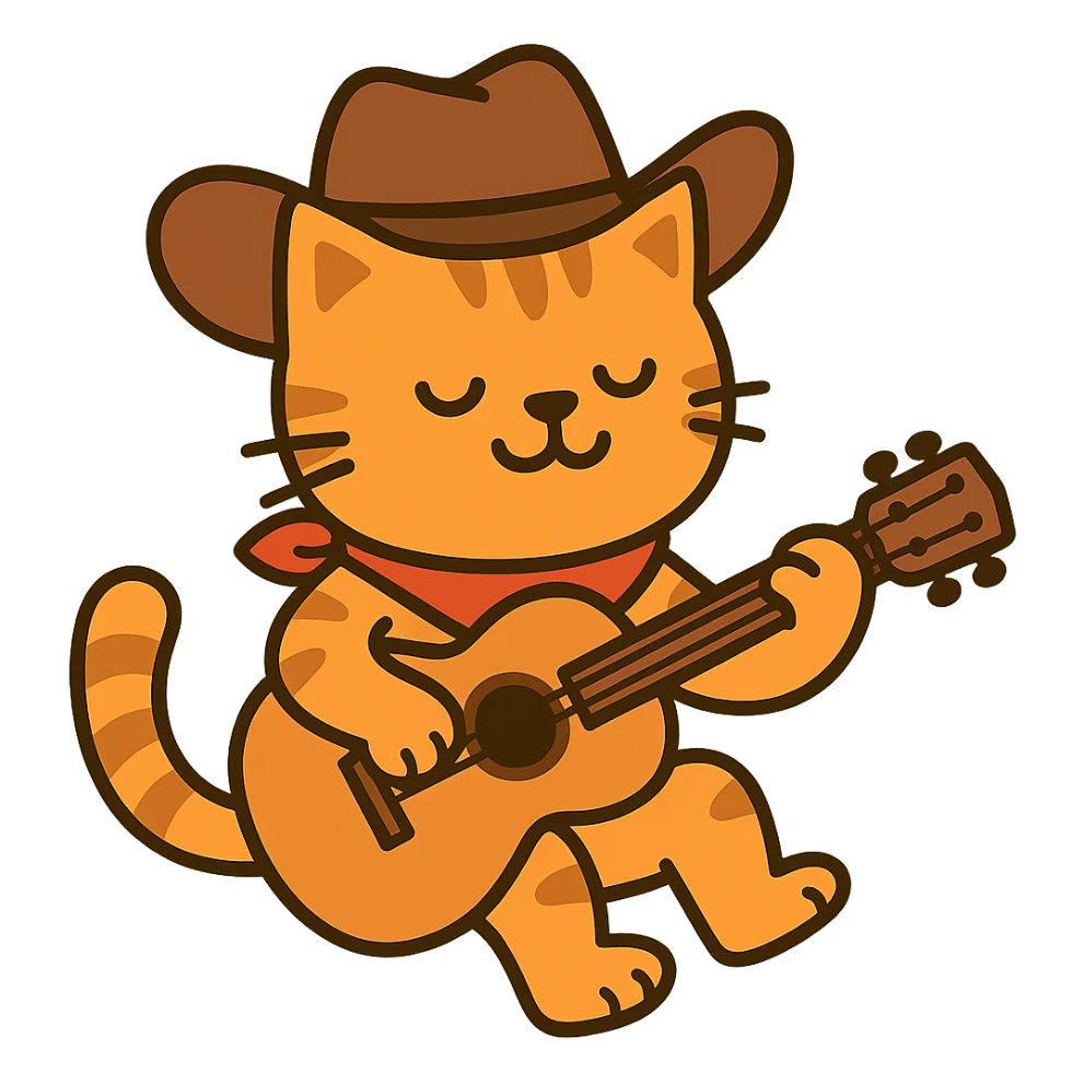 flat toon orange cowboy cat strumming an acoustic guitar  sticker