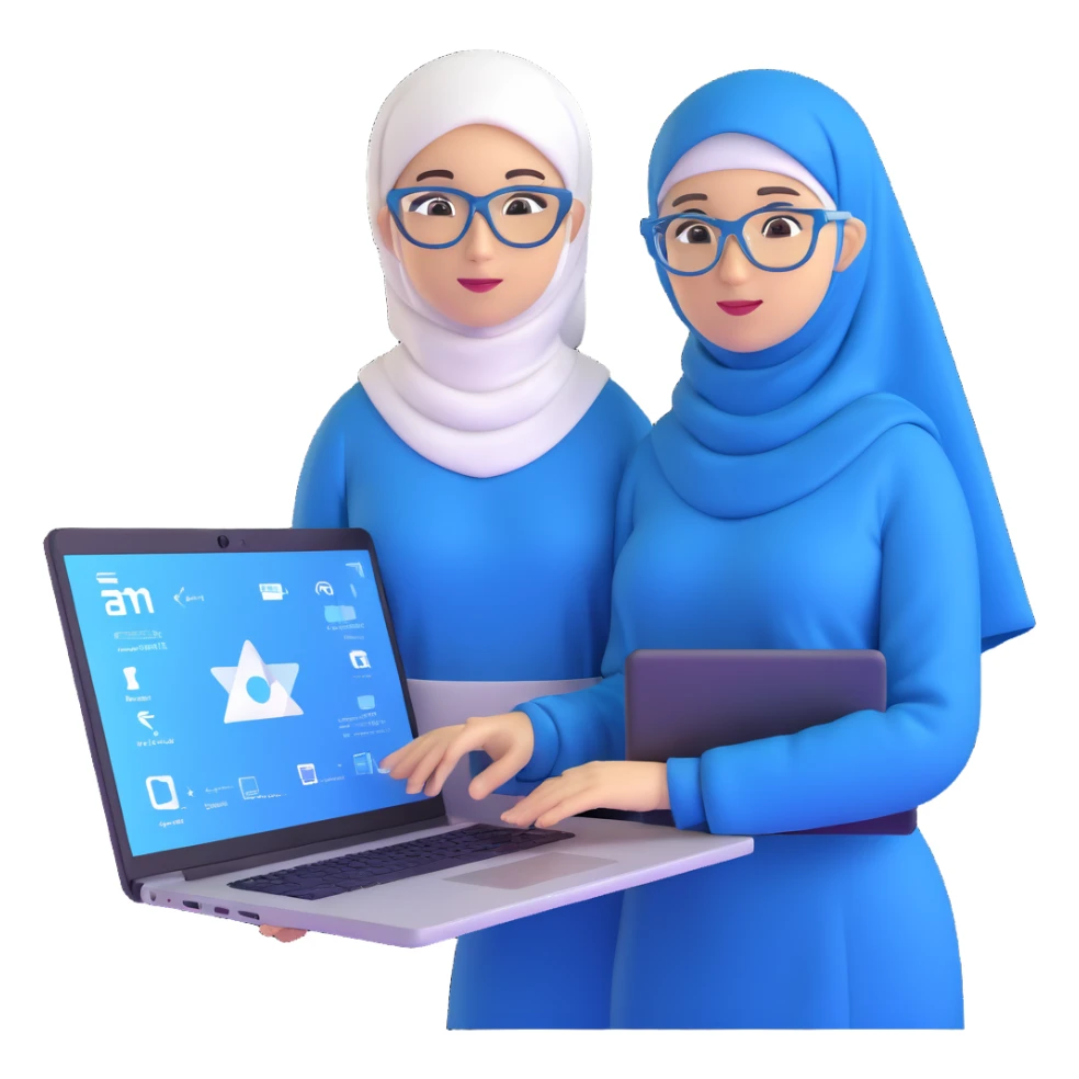 computer engineer with white hijab wearing blue outfit, presenting her metaverse creation with a large digital screen behind her displaying virtual worlds and code, laptop open in front of her showing programming interface, AR glasses, professional stance sticker