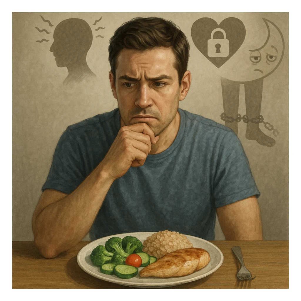 Realistic style illustration of a 30-year-old thoughtful man sitting at a table in front of a healthy plate with vegetables, brown rice, and chicken. He has a suspicious and worried expression towards the food. Behind him, transparent and blurred symbolic elements: a stylized head with vibrating lines representing stress, a heart locked with a padlock representing repressed emotions, a moon with tired eyes representing insomnia, and still legs with chains representing sedentariness. Neutral atmosphere, realistic with symbolic touch. sticker