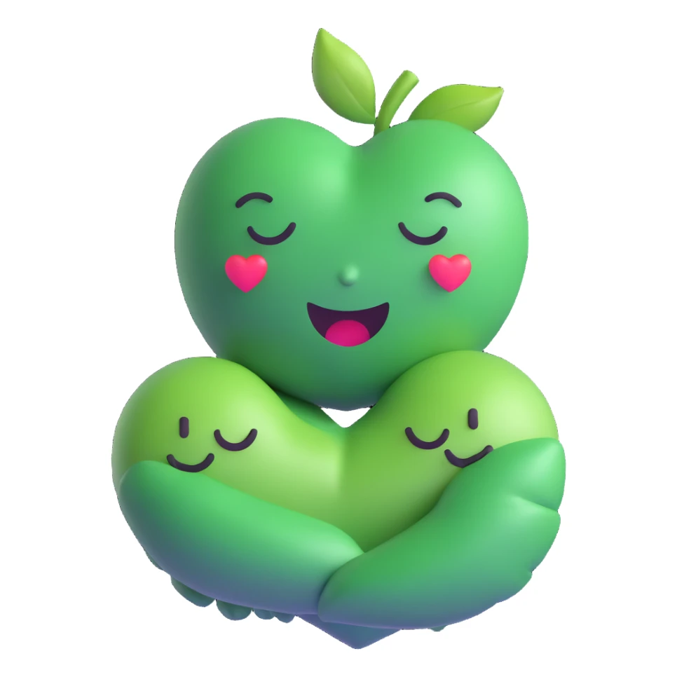 green face emoticon with closed eyes hugging a green heart, expressing care and support sticker