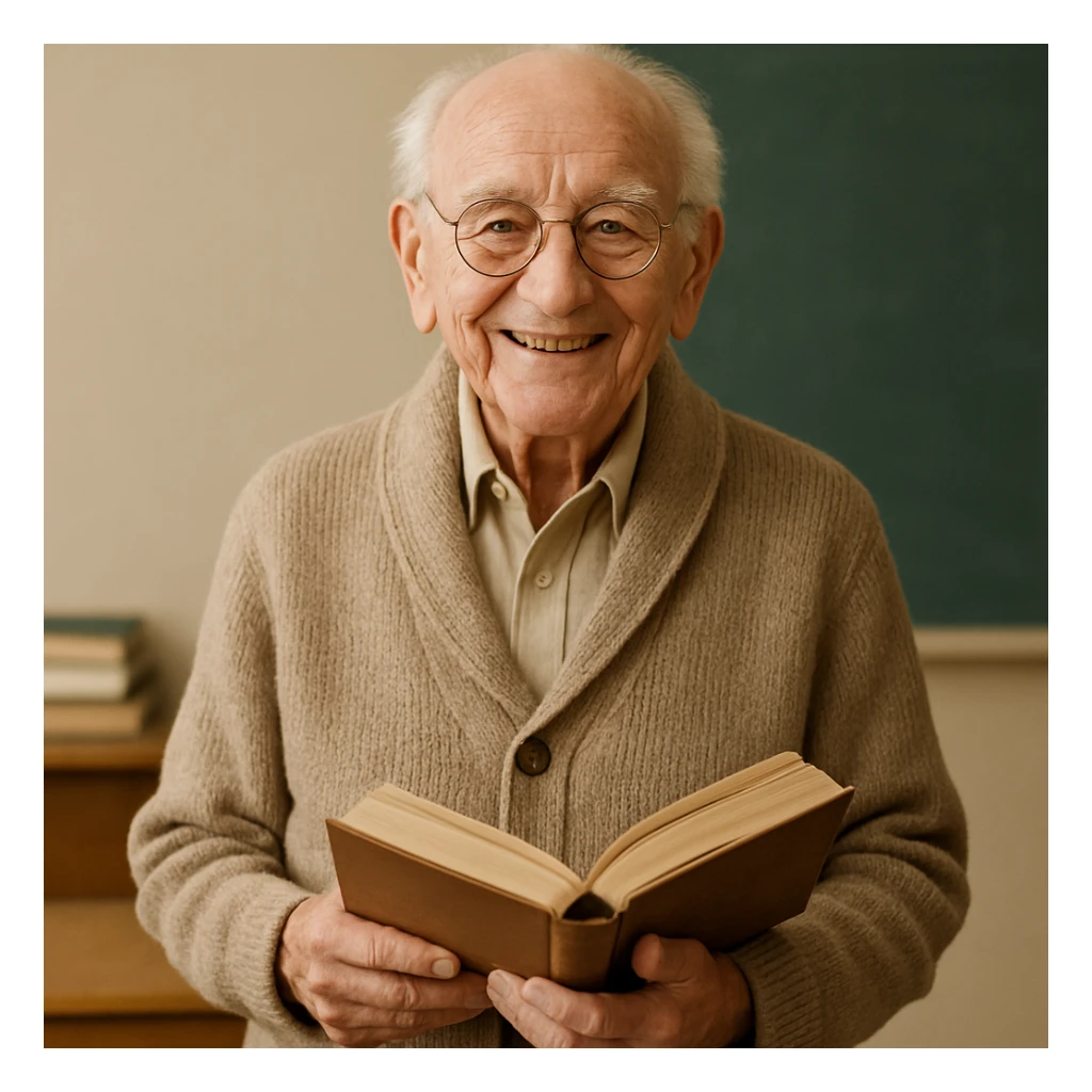 an elderly teacher, about 80 years old, smiling, holding a book, wearing a cardigan sticker