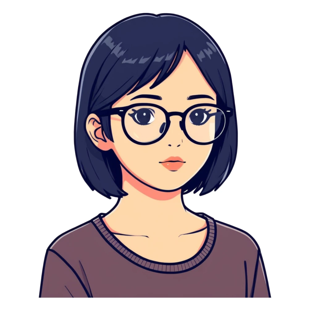girl wearing clear glasses, black haired, and preety sticker