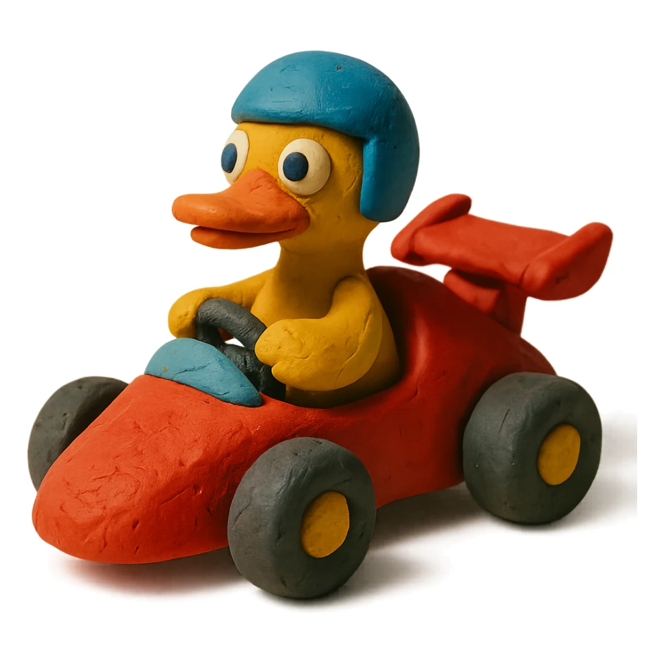 cartoon duck driving a race car in claymation style sticker
