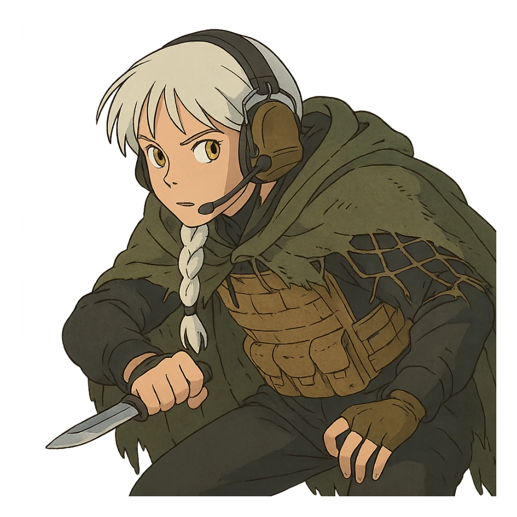 1 female, mid 20's, white hair in a long braid, gold yellow eyes, adorned in a black long sleeve shirt, tan body armor and a worn olive-green cloak with netting holding it together. She wears a COMTAC headset. she is hunched slightly, stealthily, focused on her target, holding a small combat blade at the ready sticker