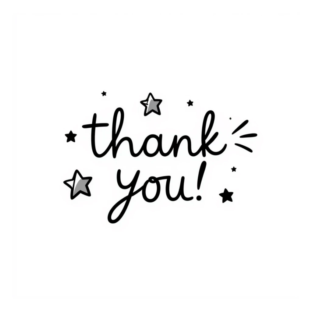 hand drawn 'Thank You' text with stars and swirls, doodle style sticker