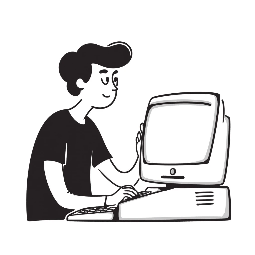 Young man with modern haircut sitting at a vintage desktop computer with large CRT monitor and floppy disk drive sticker
