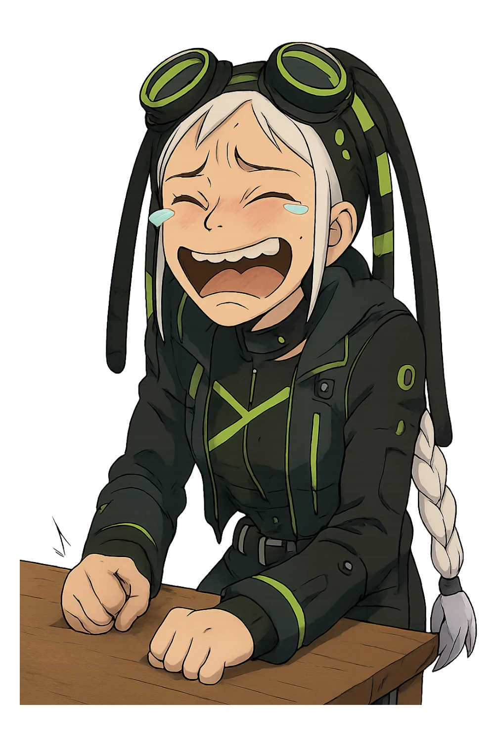 1 female, single long white braid with lavender tips. Cybergoth futurepunk, crying from laughter, pounding her fist on a table, “wheeze emoji” facial expression, hilarious  sticker