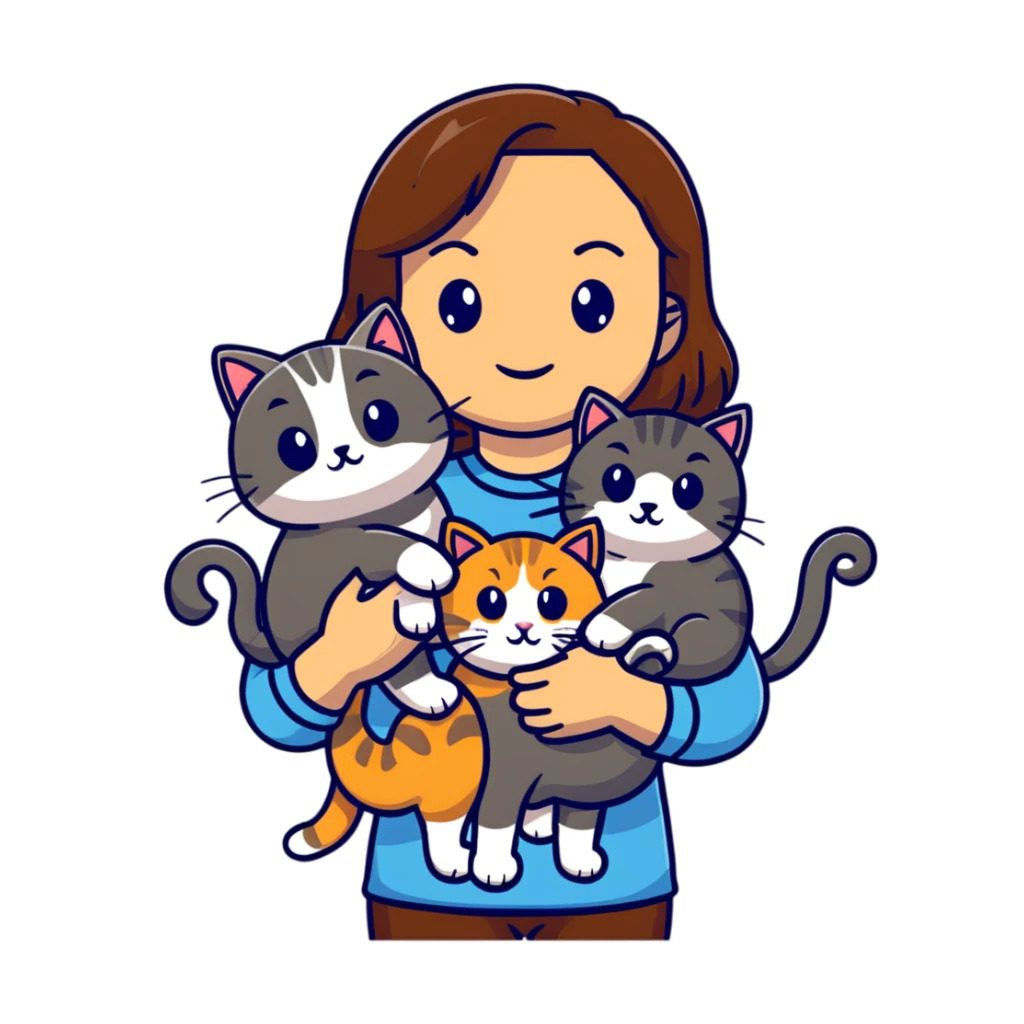 Tan brown-haired girl holding three cats, one black cat, one grey cat, and one grey-striped cat sticker