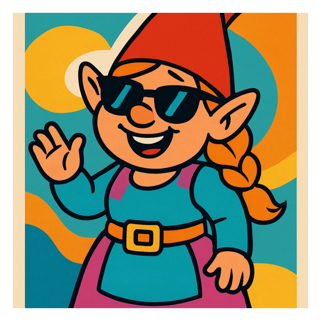 female gnome with sunglasses, vibrant colors, playful expression sticker