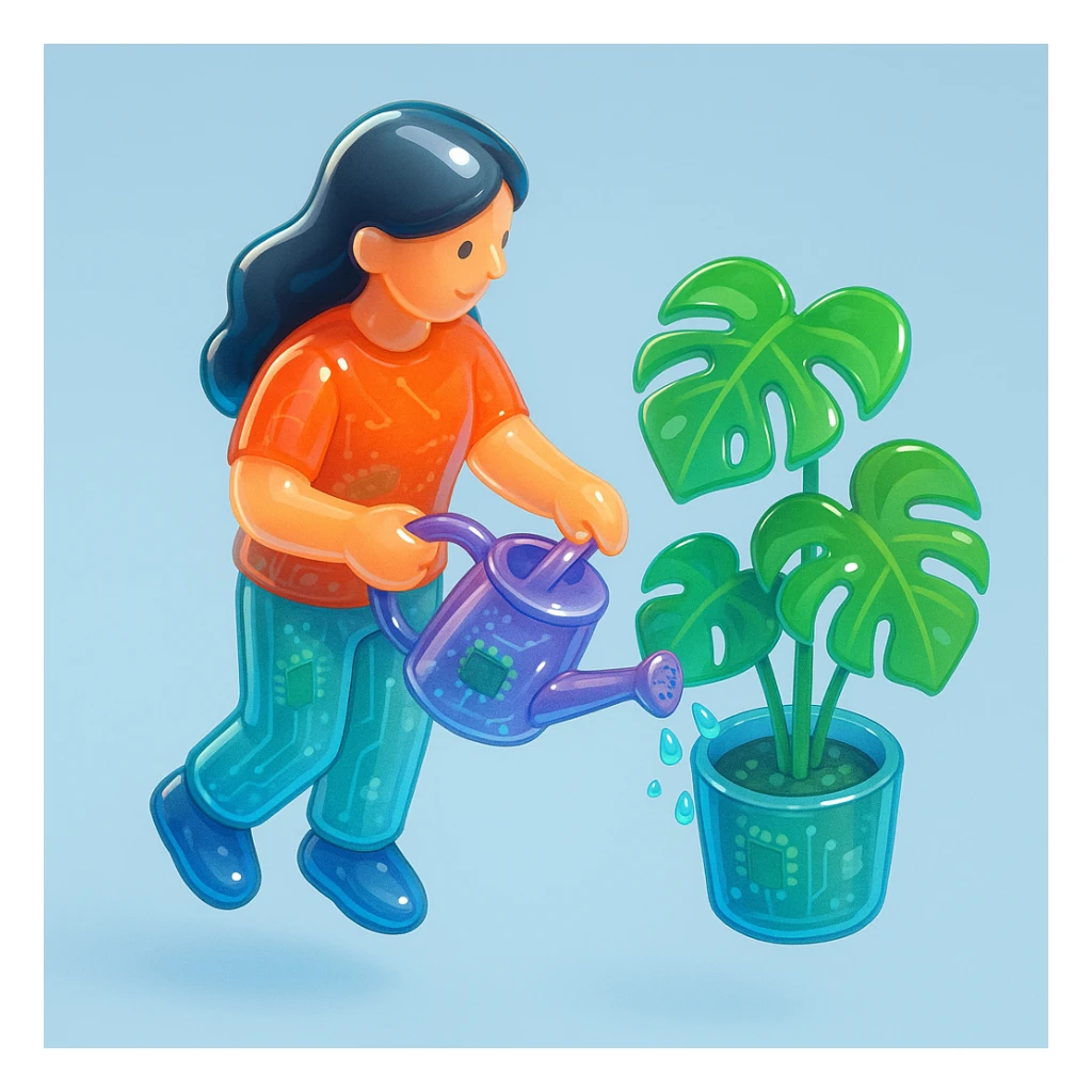 woman watering her monstera plant sticker