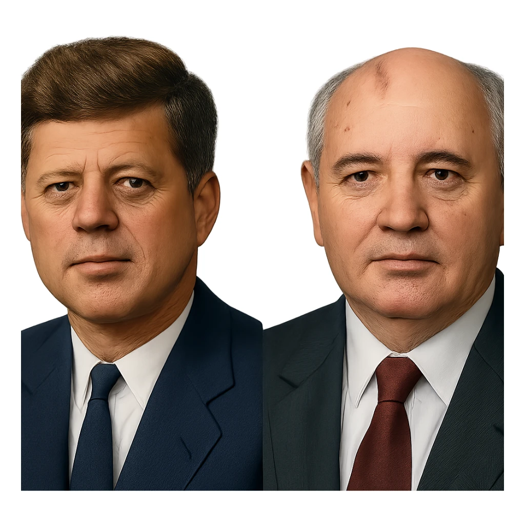 realistic icon of John F. Kennedy and Mikhail Gorbachev side by side, clean and focused sticker