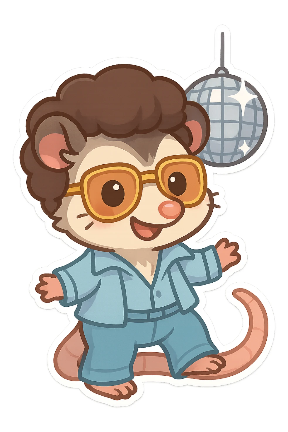 cute cartoon possum dressed up for the disco with a disco ball, sticker-like style sticker