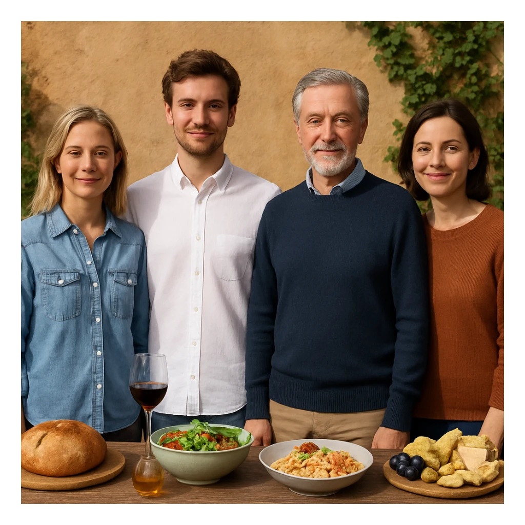 сгенерируй 1 в 1 как на картинке, но убери хлеб из руки человека в белой рубашке, убери руку вниз параллельно телу sticker