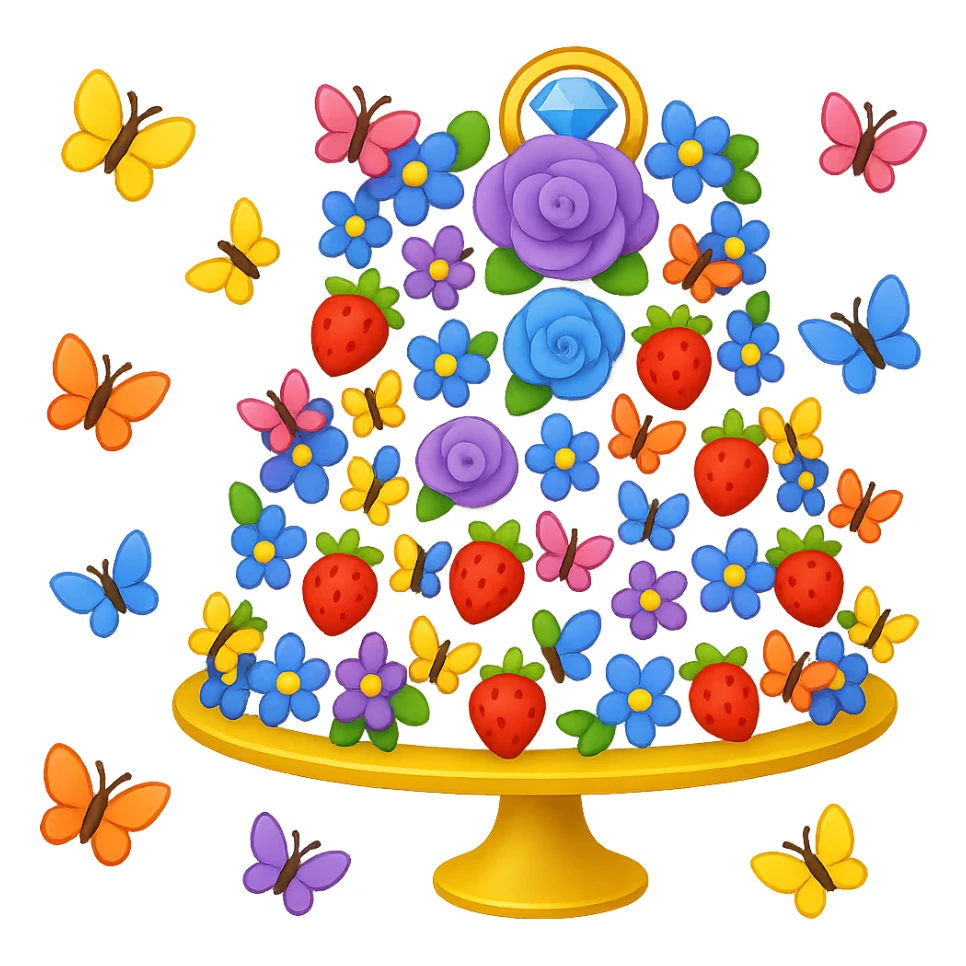 Add small colorful butterflies to the white wedding cake with strawberries, blue and purple flowers, gold ring topper. Style: emoji style. Remove background. sticker