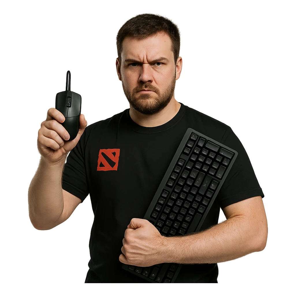 A tough-looking Dota 2 player with a serious expression, holding a mouse and keyboard sticker