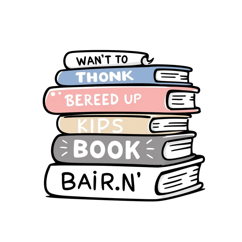 a stack of books with visible covers and spines, in pastel colors dd9fb0, ffc6d3, a3bfc9, c4bee2, f1b091, detailed hand-drawn doodle style sticker