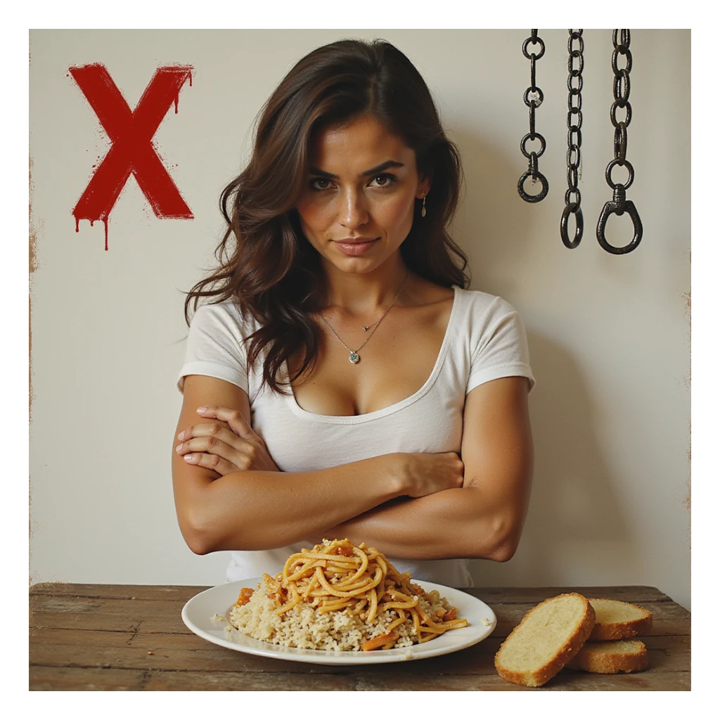 realistic style woman with defensive expression, crossed arms, face turned away from a plate of bread, pasta, rice, and potatoes, symbols of refusal including a red Italian X and chains, Italian text if present sticker