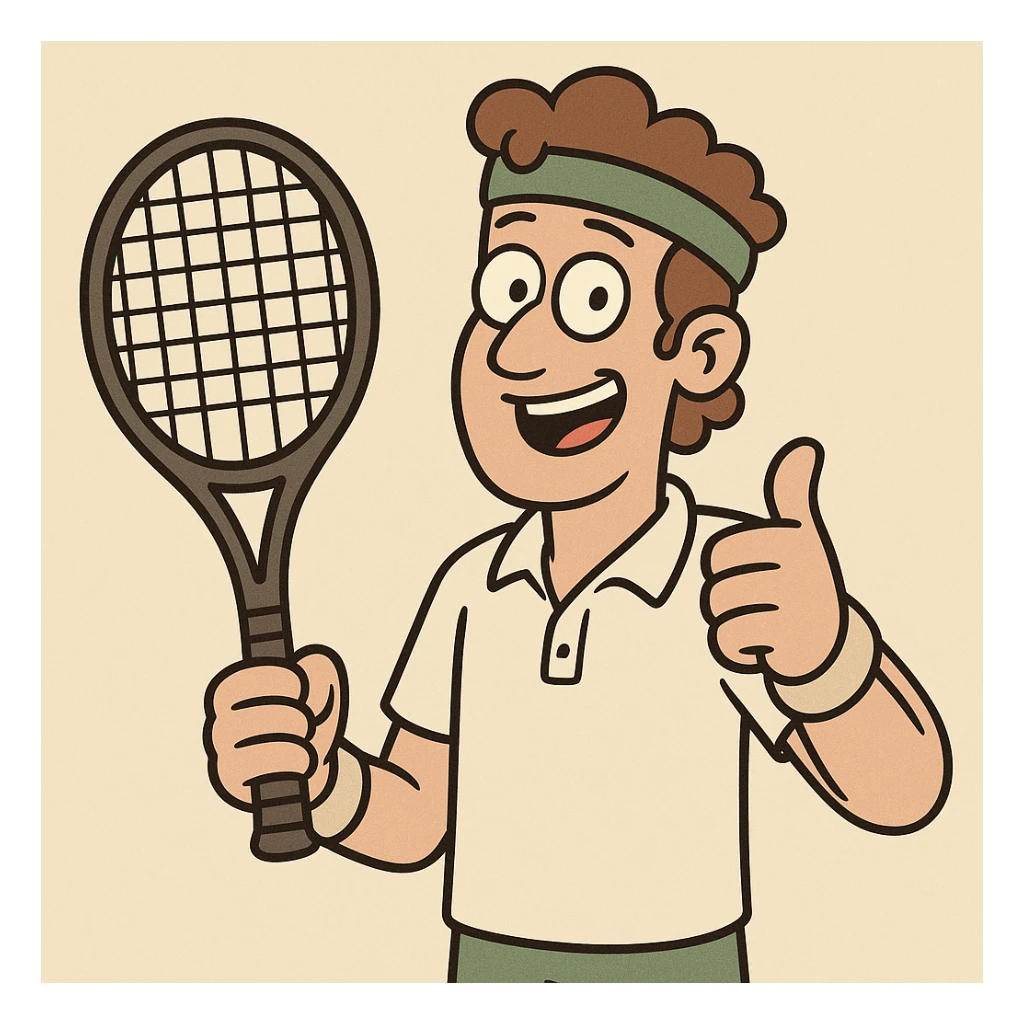 cartoon tennis player giving thumbs up, simple flat toon style sticker